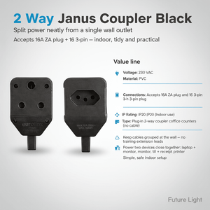 2 Way Janus Coupler Black showing front and back views, highlighting plug connections and specifications.