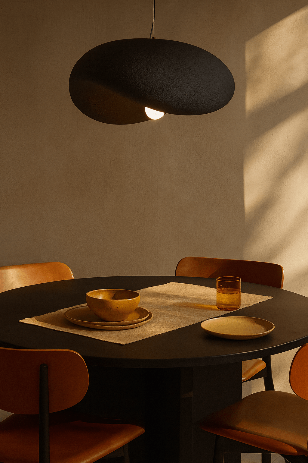 Obsidian Drift 700 Pendant Light hanging above a dining table set with bowls and a glass.