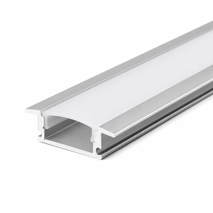 Aluminum LED extrusion with frosted cover, showcasing a sleek design for under-cabinet lighting.