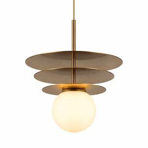 Modern pendant light with gold metallic shade and white bulb on a white background