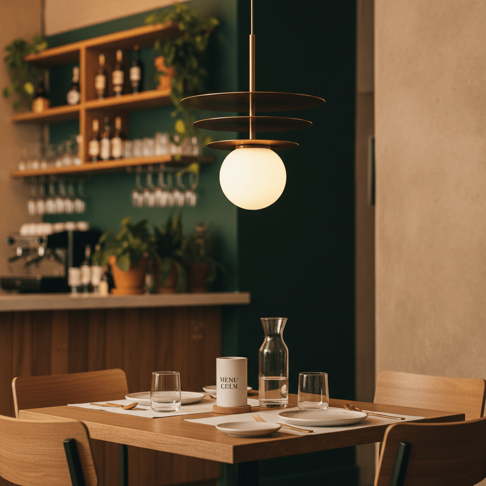 Catalina Treble Gold Pendant Light hanging above a dining table set with plates and glasses, featuring a warm glow.