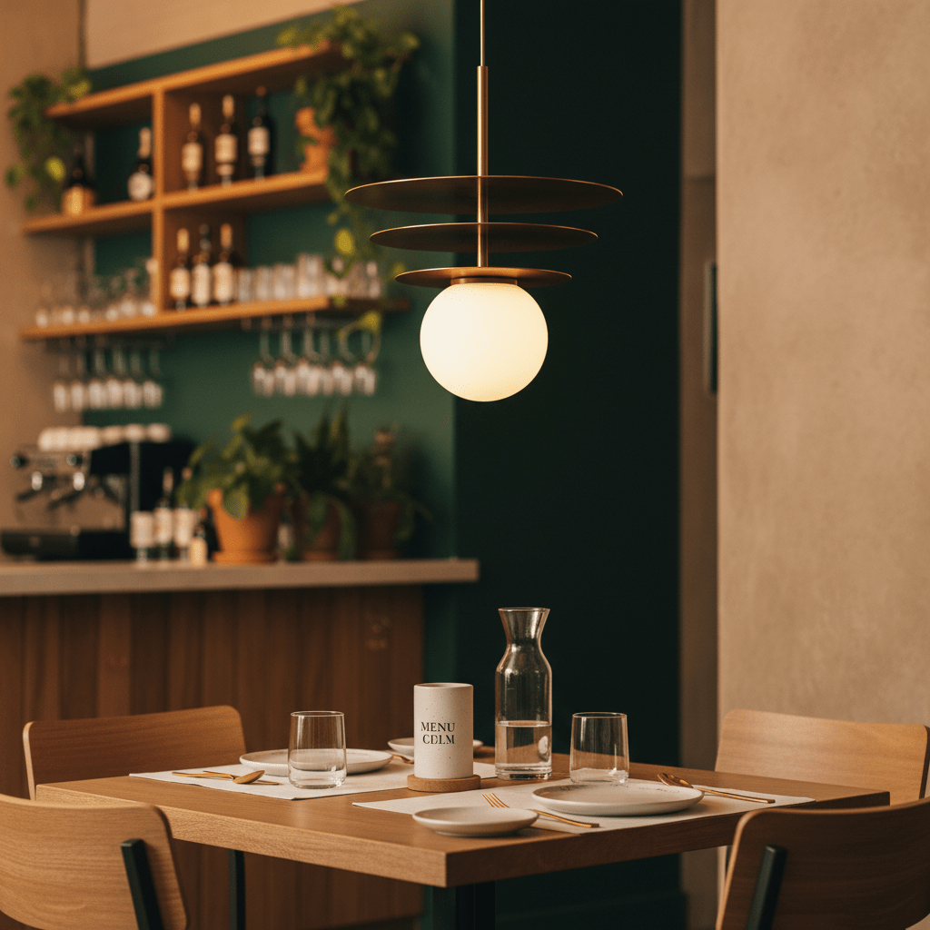 Catalina Treble Gold Pendant Light hanging above a dining table set with plates and glasses, featuring a warm glow.