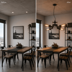 Before and after comparison of a dining area with an industrial 4 light pendant, showcasing improved lighting.
