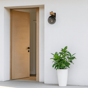 Bufalata Outdoor Wall Light mounted beside a wooden door, with a potted plant in front.