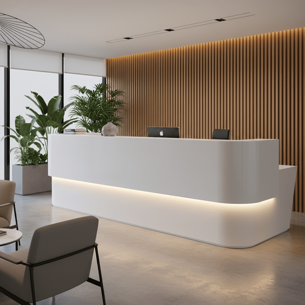 Modern reception area featuring a sleek white counter with LED extrusion lighting underneath, surrounded by greenery.