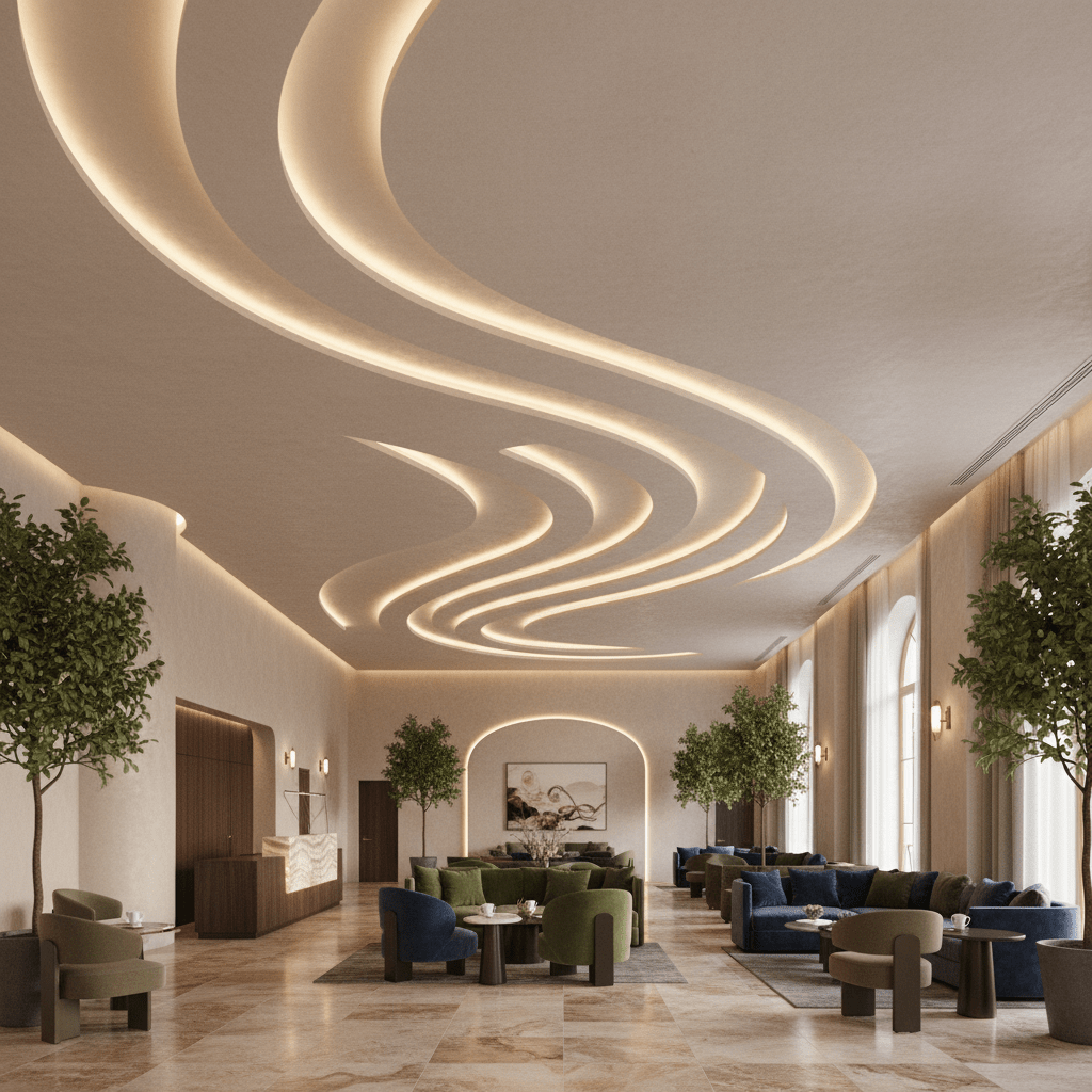 Stylish interior featuring curved LED lighting along the ceiling, enhancing the ambiance of the space.