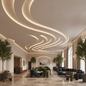 Stylish interior featuring curved LED lighting along the ceiling, enhancing the ambiance of the space.