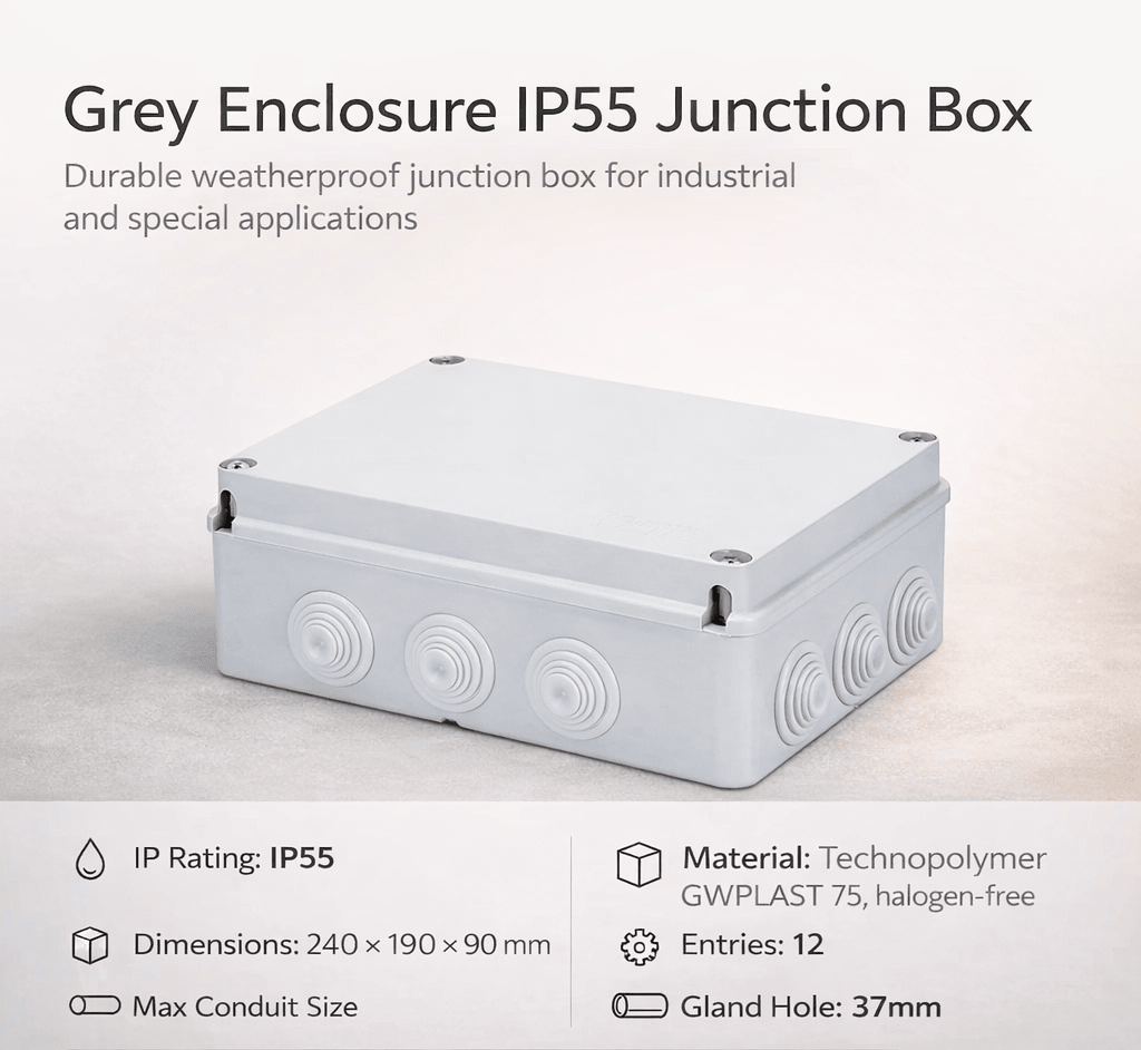Gray weatherproof junction box with specifications on a light gray background