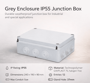 Gray weatherproof junction box with specifications on a light gray background