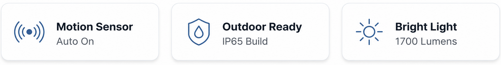 Three icons with labels for motion sensor, outdoor readiness, and bright light on a white background.