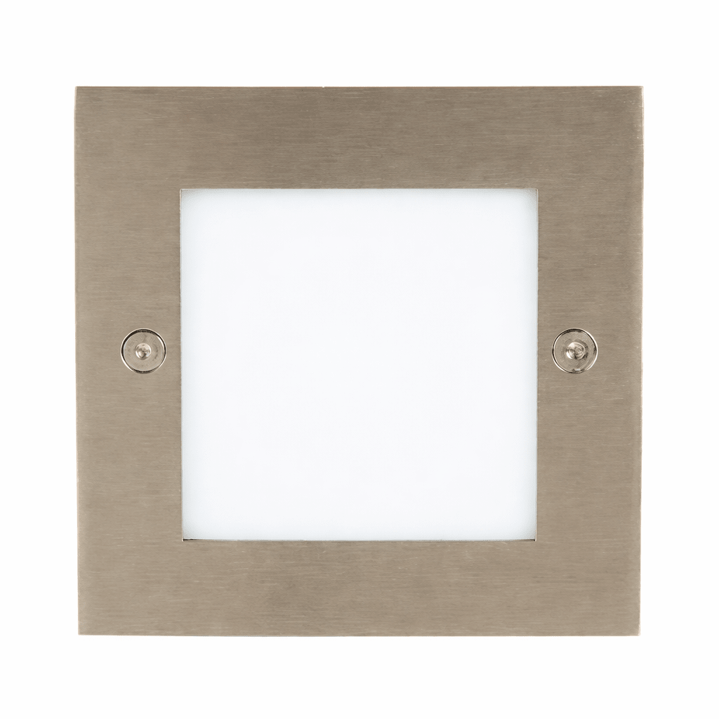 Square light fixture with metallic frame on a white background