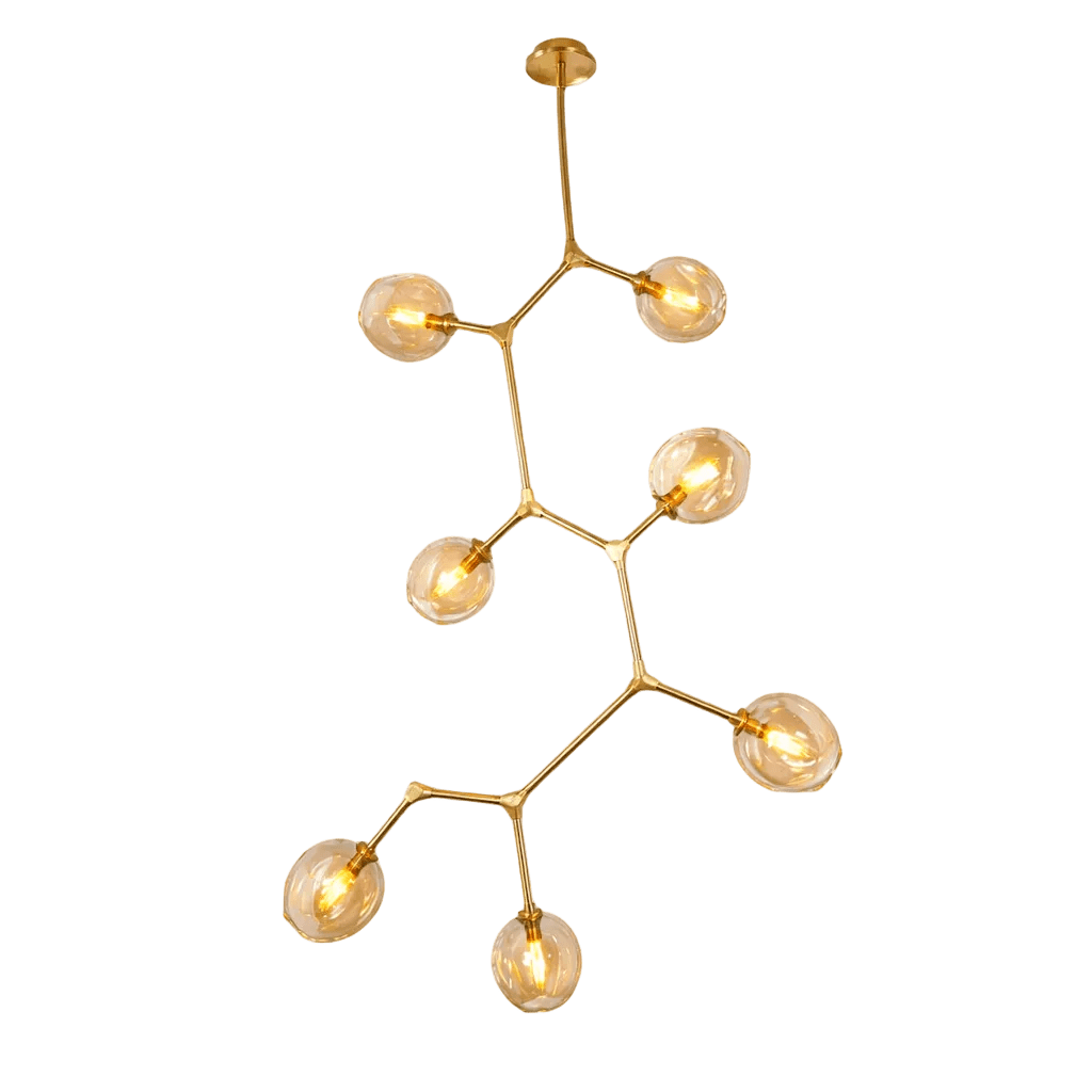Gold pendant light with seven spherical bulbs arranged in a molecule-like design, suspended from a ceiling mount.