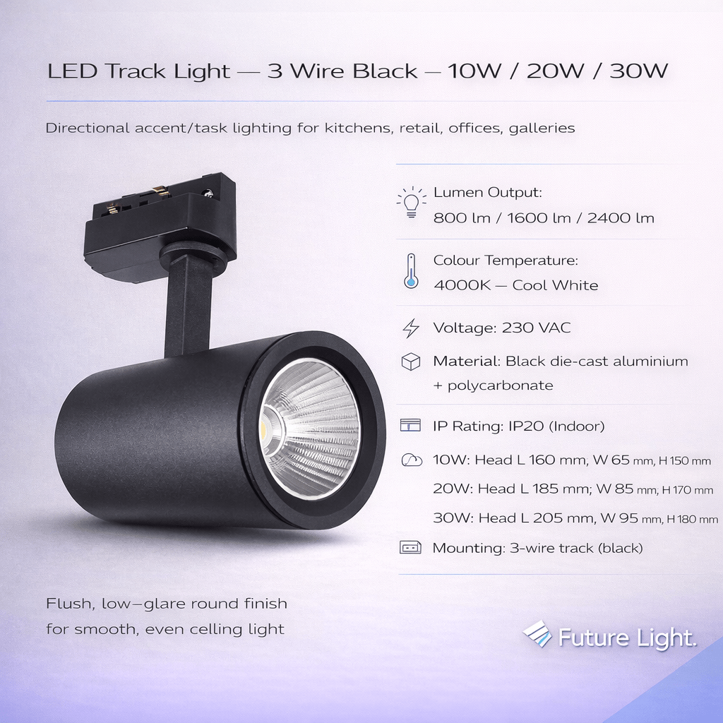 LED Track Light - 3 Wire Black 10W / 20W / 30W