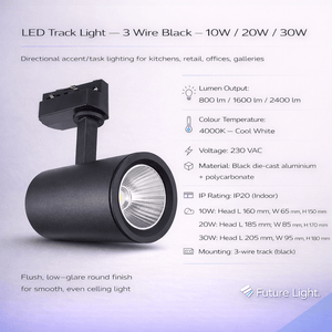 Close-up of a black LED track light with adjustable arm and rotating head, showcasing sleek design and technical details.