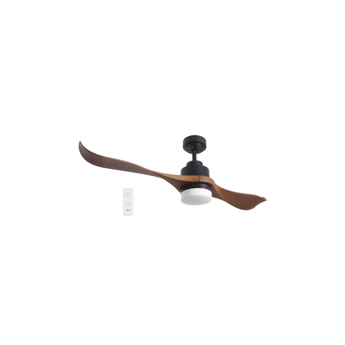 LED Ceiling Fan - 2 Blade Matt Black Body / Wood Finish Blades — transparent background, 1254 × 1254