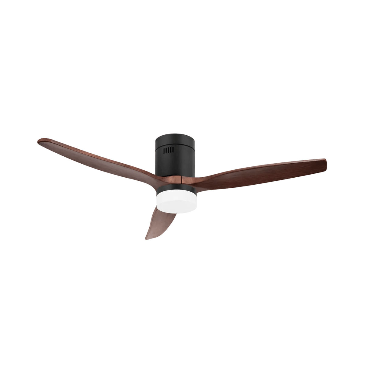 LED Ceiling Fan - 3 Blade Matt Black Body / Walnut Wood Blades — transparent background, 1254 × 1254