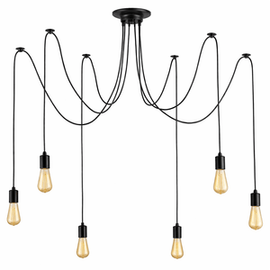 Modern chandelier with multiple hanging light bulbs on a white background
