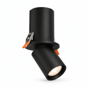Black retractable downlight holder with adjustable angle for focused lighting.