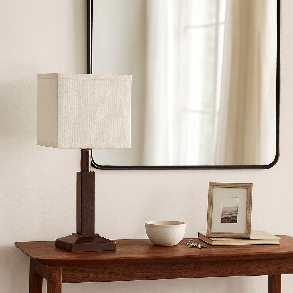 Buy table lamps in Cape Town, realistic Future Light style showroom scene with modern table lamps and desk lamps, warm LED lighting, 800x800 composition with charcoal and brass accents
