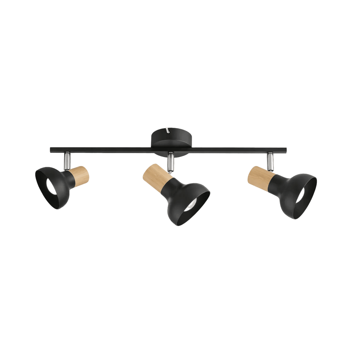 3 Light Black Metal with Wood Finish & Polished Chrome Spotlight — transparent background, 1254 × 1254