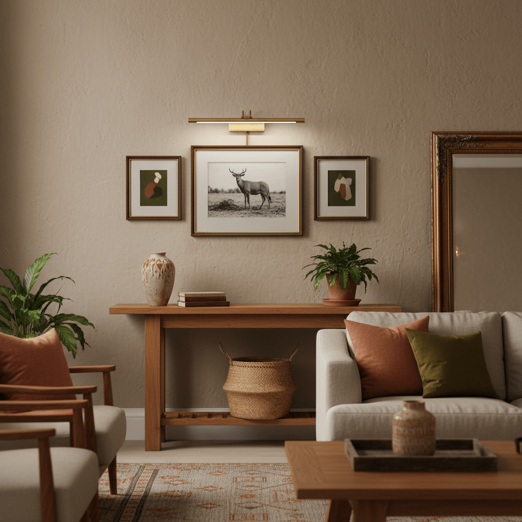 Antique bronze picture light illuminating framed artwork above a wooden console table in a cozy living space.