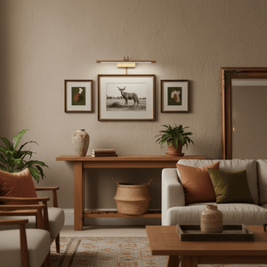 Antique bronze picture light illuminating framed artwork above a wooden console table in a cozy living space.
