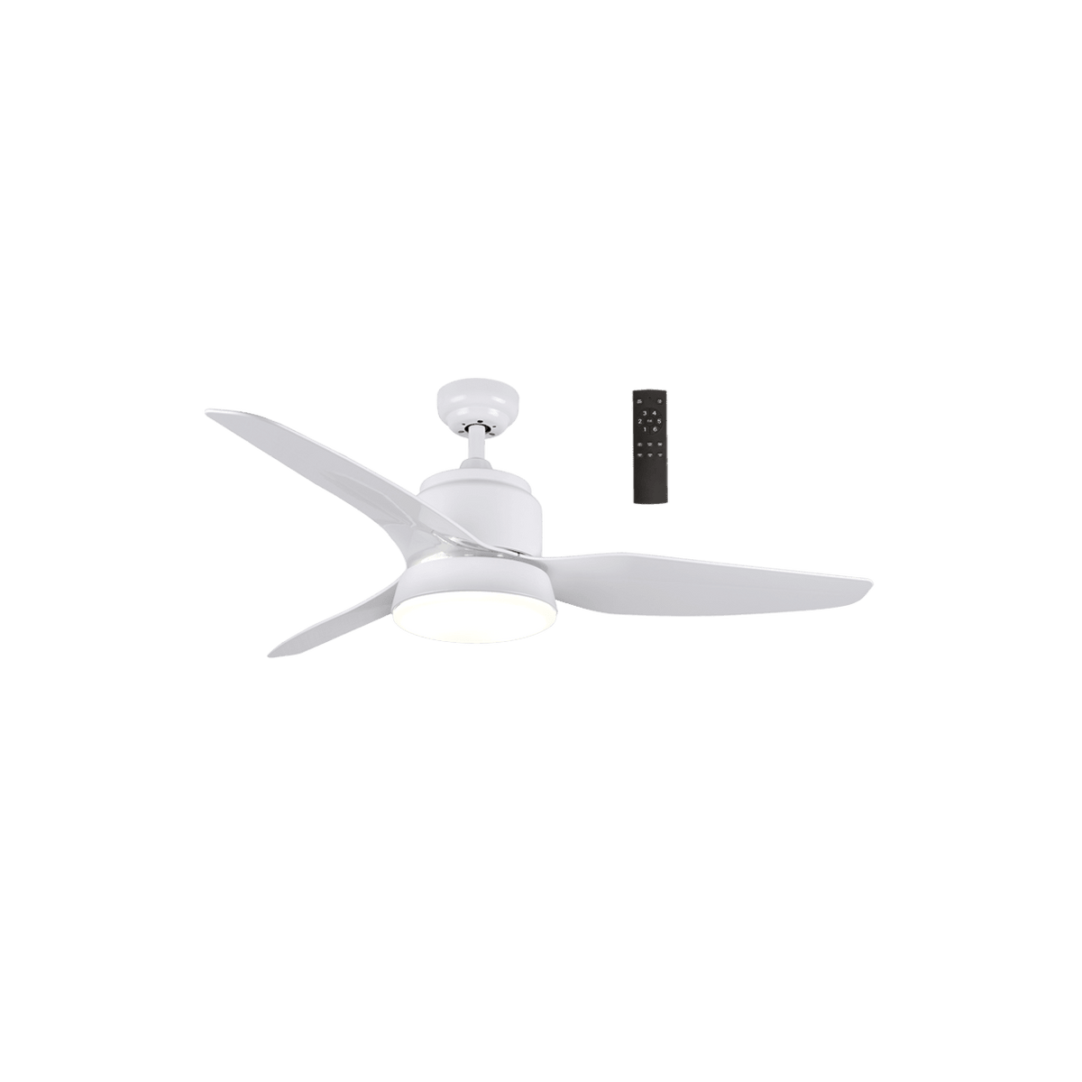 White Steel & Glass Ceiling Fan — transparent background, 1254 × 1254