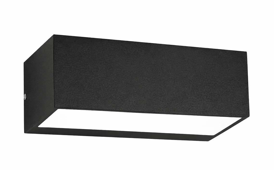 Black rectangular wall light fixture on a white background