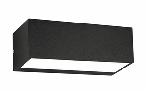 Black rectangular wall light fixture on a white background