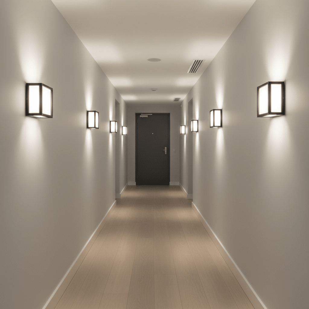 A modern hallway featuring multiple black Cube Outdoor Wall Lights illuminating the space with a soft glow.