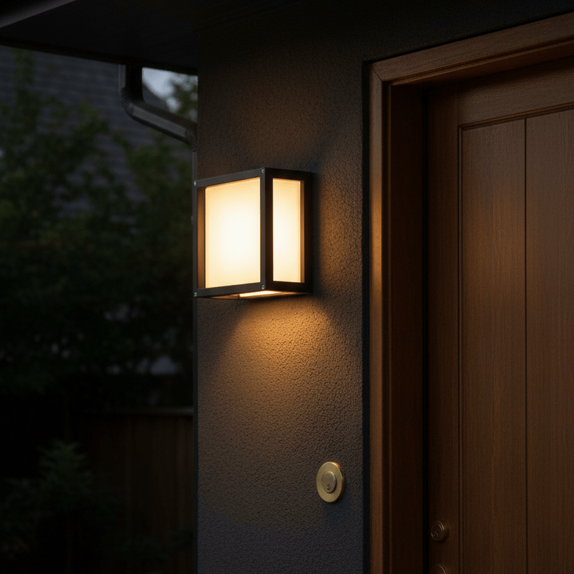 Cube Outdoor Wall Light mounted beside a wooden door, illuminating the entrance with a soft glow.