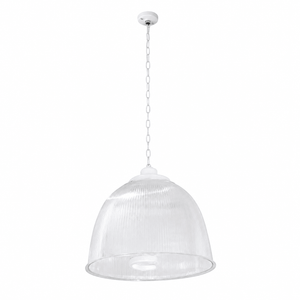 High Bay Industrial Pendant Light with clear polycarbonate diffuser and steel fitting, suspended by a chain.