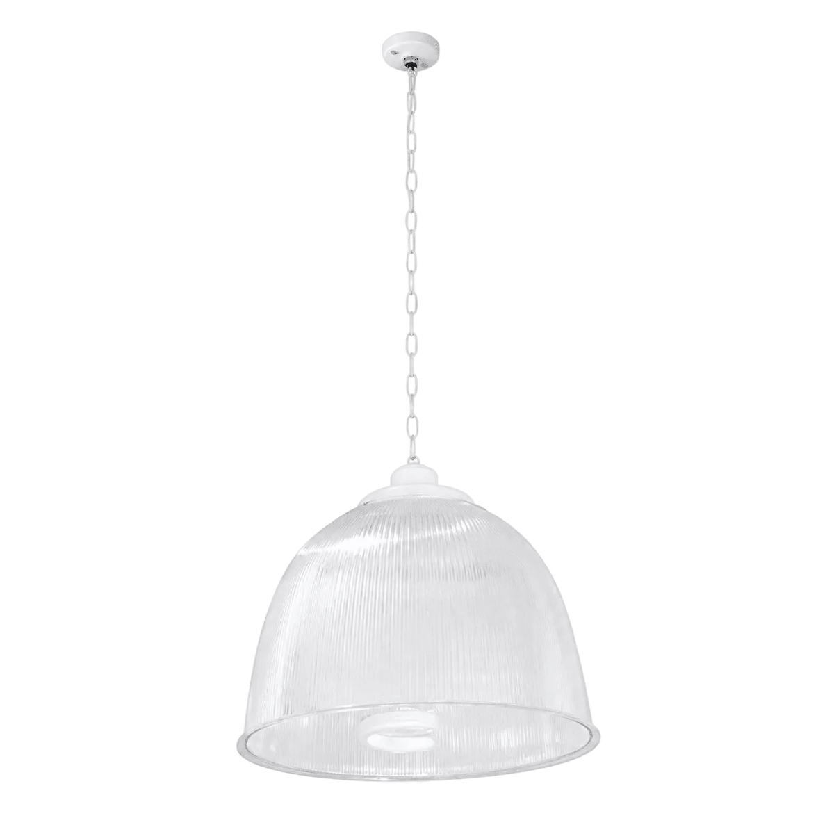White industrial pendant light with clear polycarbonate diffuser and chain suspension.