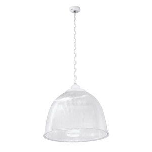 White industrial pendant light with clear polycarbonate diffuser and chain suspension.