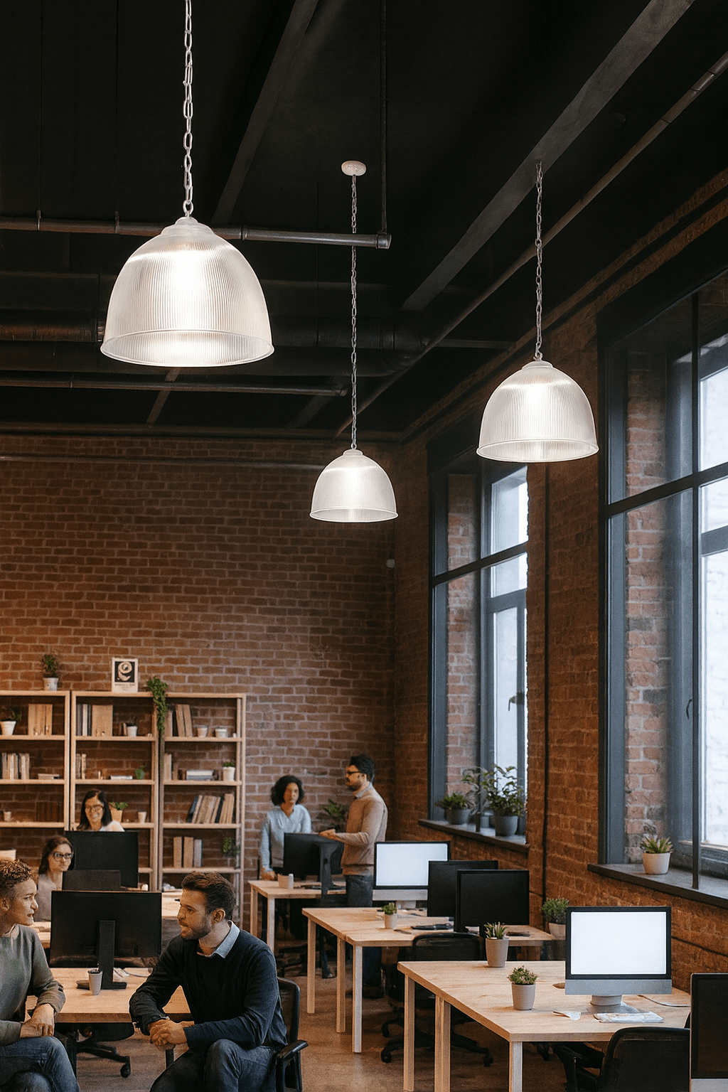 Three High Bay Industrial Pendant Lights hang over a modern office space with brick walls and wooden desks.