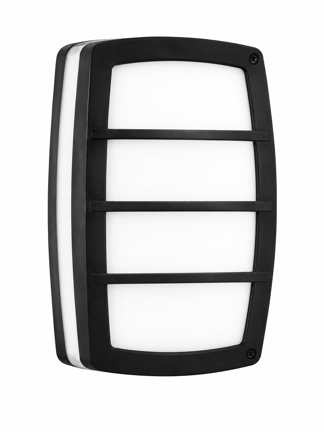 Modern outdoor wall light with horizontal lines design, featuring a die-cast aluminium frame and white diffuser.