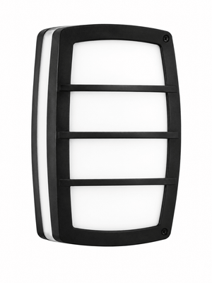 Modern outdoor wall light with horizontal lines design, featuring a die-cast aluminium frame and white diffuser.