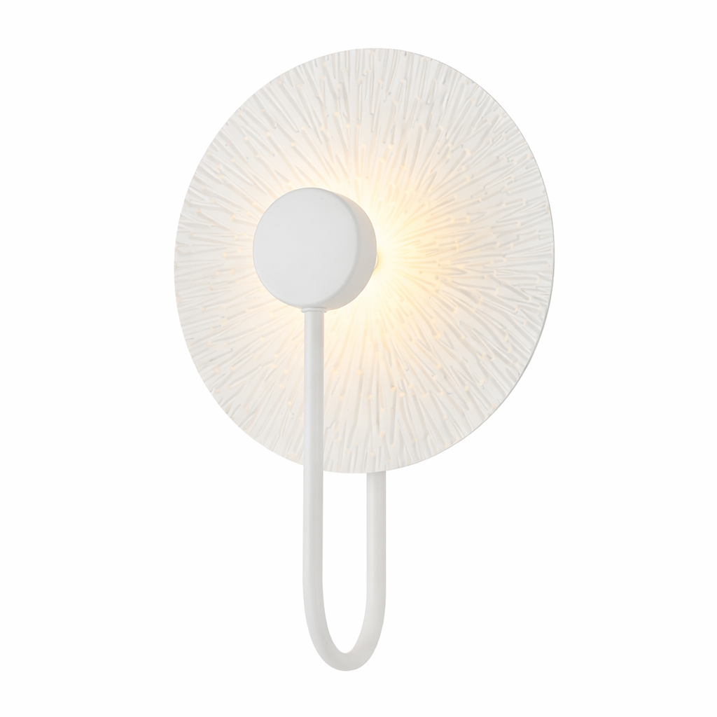 White wall lamp with a round shade on a white background