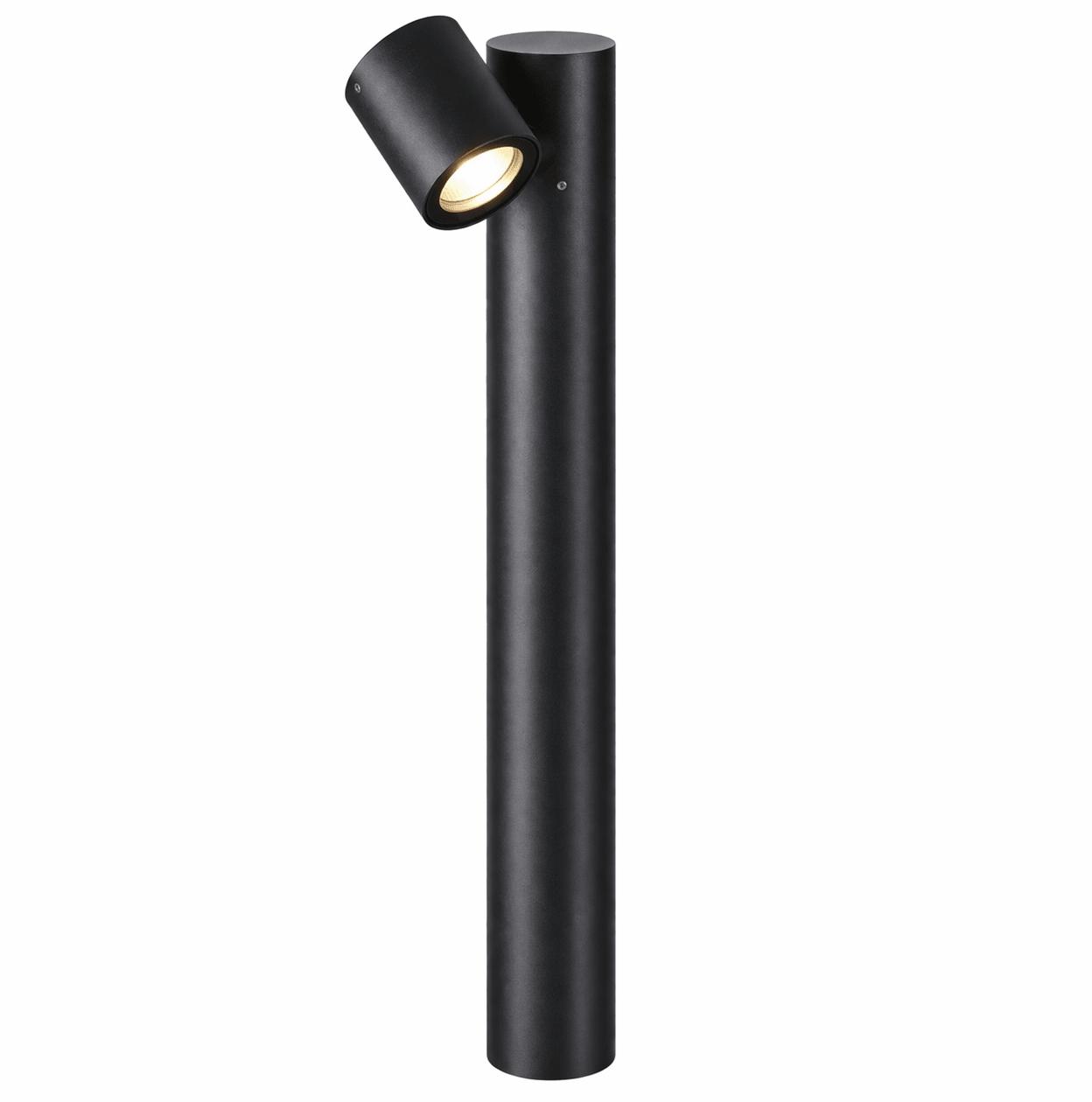 Black outdoor lamp post with a spotlight on a white background