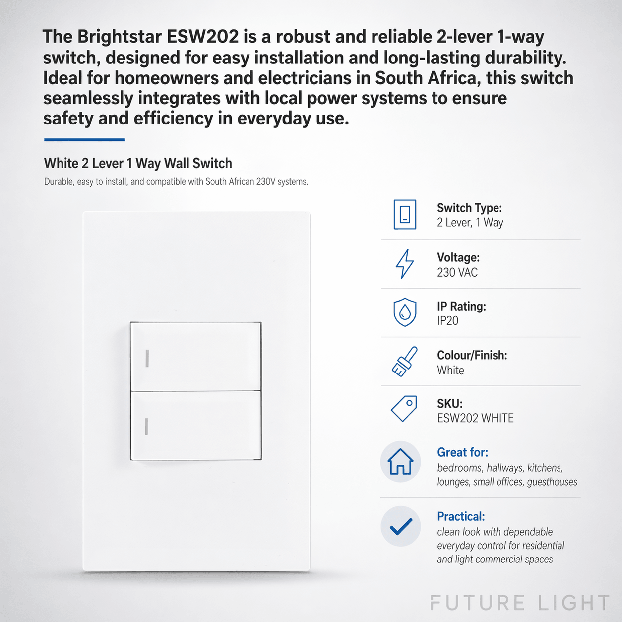 White 2 Lever 1 Way Switch - 4x2