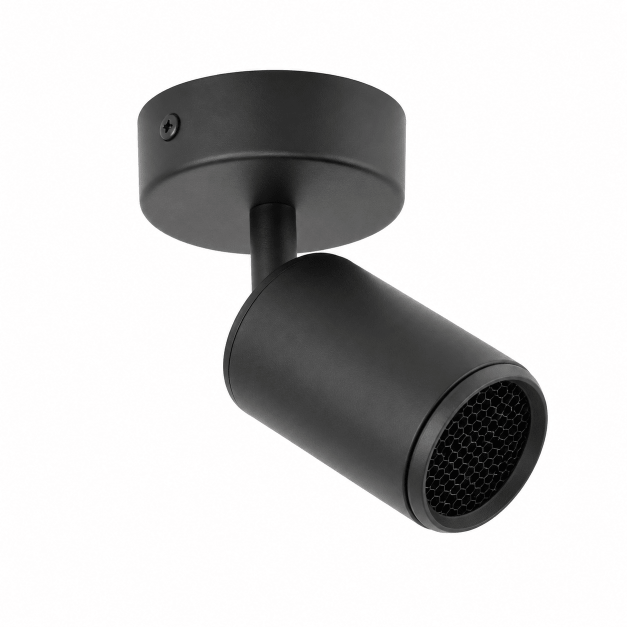 Sleek sand black GU10 spotlight with honeycomb diffuser, mounted on a ceiling.