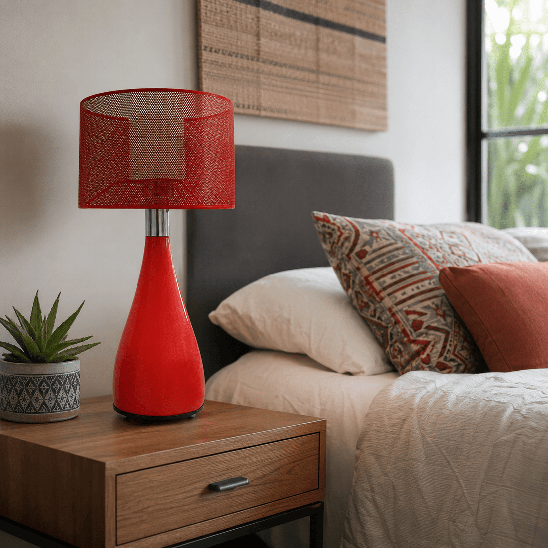 LED table lamp in a Cape Town home office, realistic South African desk setup, warm 3000K task lighting, timber desk and muted blue wall, 800x800 composition with charcoal and brass accents