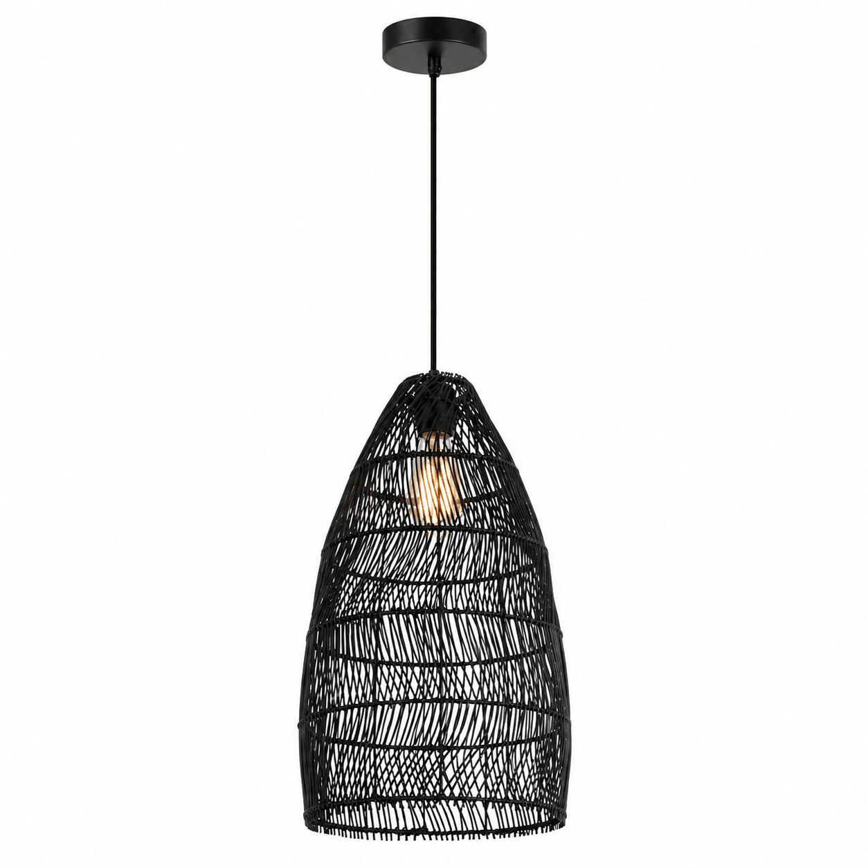 Black rattan pendant light with a woven shade, ideal for modern and boho interiors.