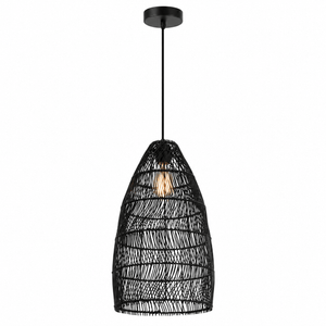 Black rattan pendant light with a woven shade, ideal for modern and boho interiors.