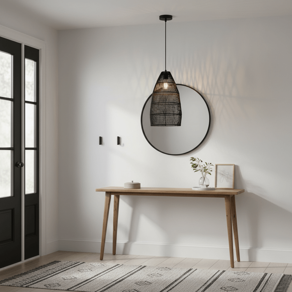Black rattan pendant light hanging above a wooden console table with a round mirror and decorative items.