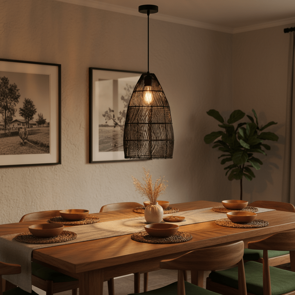 Black Rattan Pendant 280 hanging above a wooden dining table set with bowls and a vase, creating a warm ambiance.