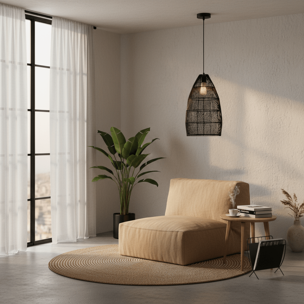 Black rattan pendant light hanging above a cozy lounge chair and side table with plants and natural light.