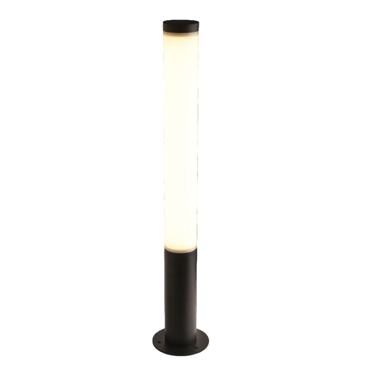 Tall cylindrical outdoor lamp with a black base on a white background