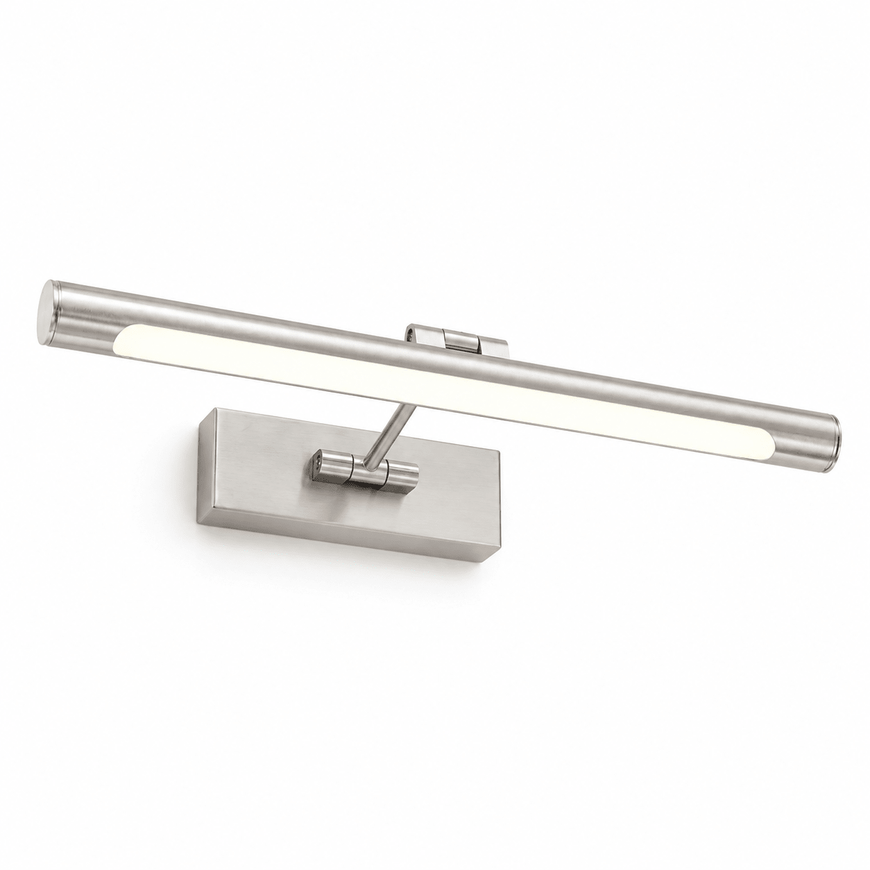 Sleek stainless steel LED wall light designed for bathroom mirrors, featuring a minimalist profile.