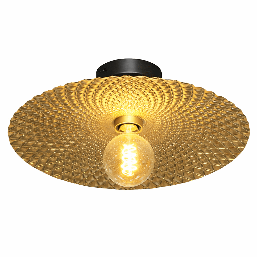 Ceiling light fixture with textured gold shade and visible bulb on a white background